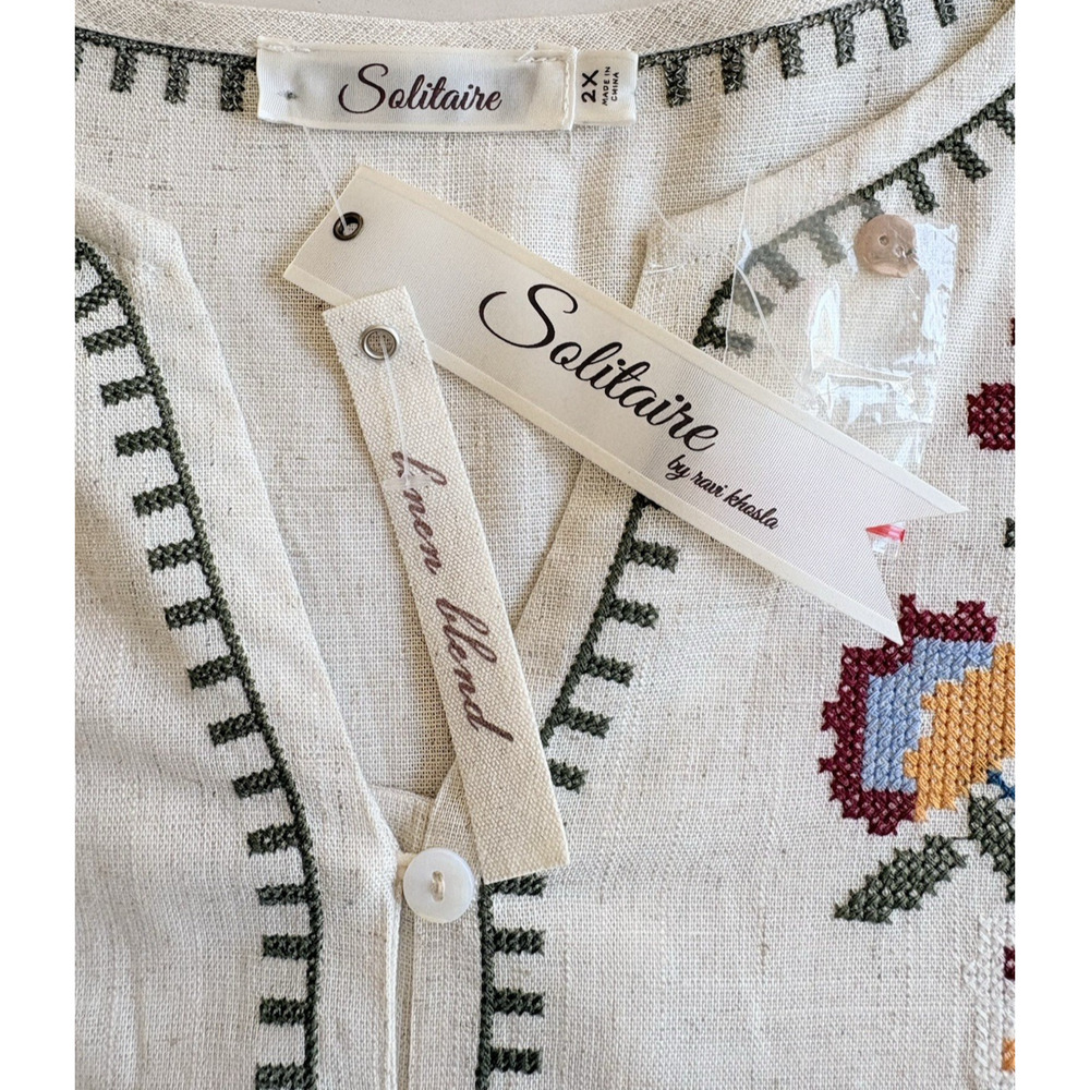 Solitaire Linen Blend Floral Embroidered Popover Peplum Blouse Puff Sleeve 2X - Picture 2 of 15